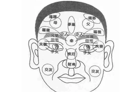 面相图解：根基所属；乾为天门为父居；乾宫又叫做天门；良为田宅，为坟墓；艮宫又叫做田宅宫，为坟墓