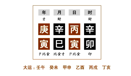 命例分析三：丙火生于孟夏巳月，地支上两寅一卯，巳火乘权，地支寅中丙火透干