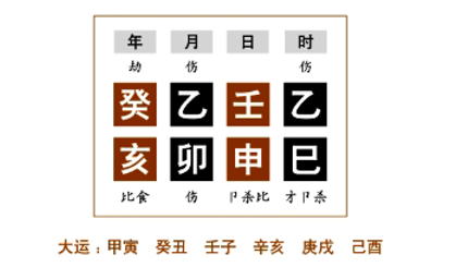 伤官用财格命例分析：日主是壬水，水生木，月千时干都是伤官乙木，生于卯月，木正当时令，处于旺盛
